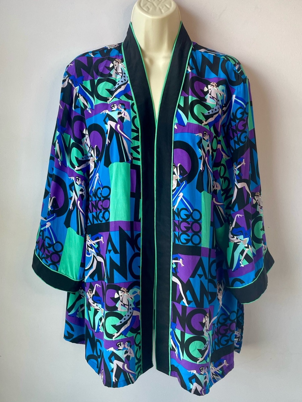 Bob Mackie Wearable Art Silk Tango Graphic Kimono Robe in Teal Purple Size XL